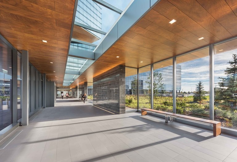 A covered walk at grade, a warm wood ceiling running its length with glass to the landscape on one side and stone on the other.